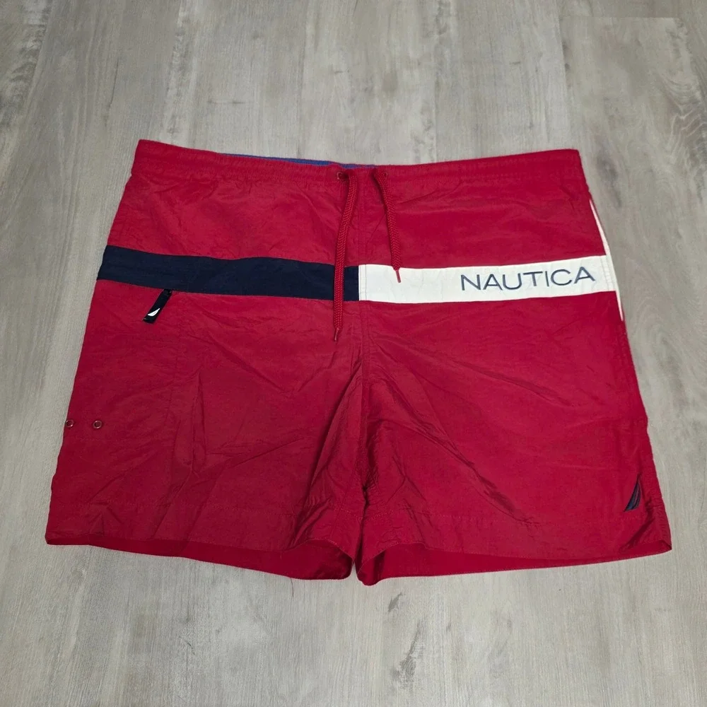Nautica Mens Red Colorblock Swim‎ Trunks Mesh Lined Logo Board Shorts Large NS83